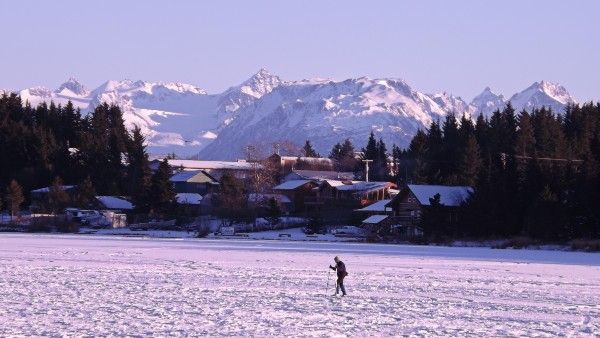 Homer boasts of year-around activities! This person is cross country skiing on Beluga Lake.
